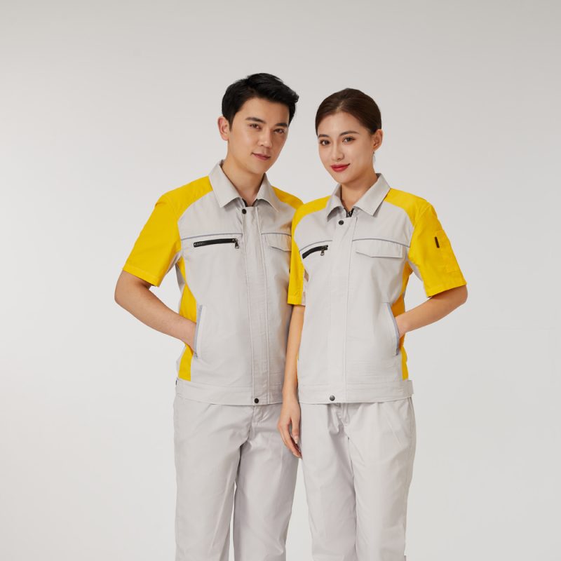 【AD2206-4】夏用作業服｜ライトグレー×イエロー配色・高通気＆耐久性・大人気モデル