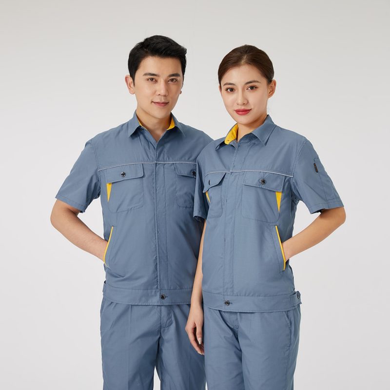 【AD2202-5】夏用作業服｜ブルーグレー×ゴールドイエロー配色・高耐久・快適設計
