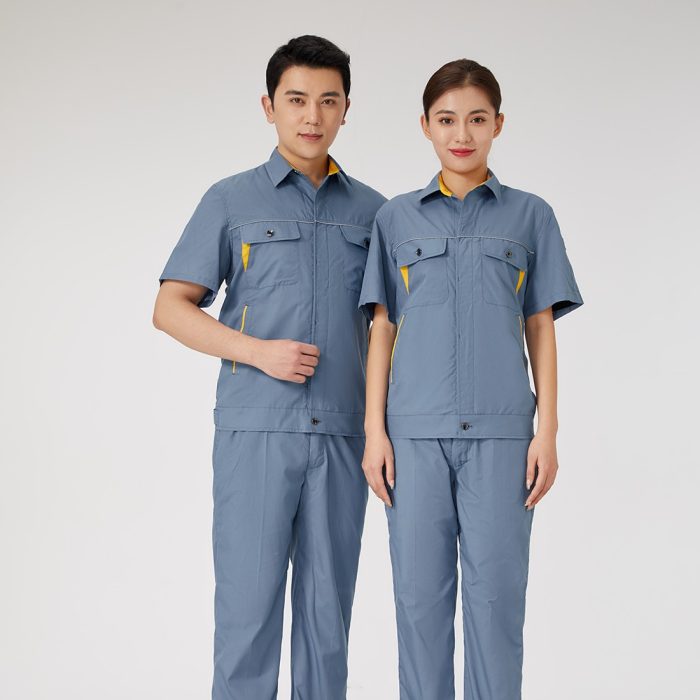 【AD2202-5】夏用作業服｜ブルーグレー×ゴールドイエロー配色・高耐久・快適設計 - 画像 (2)